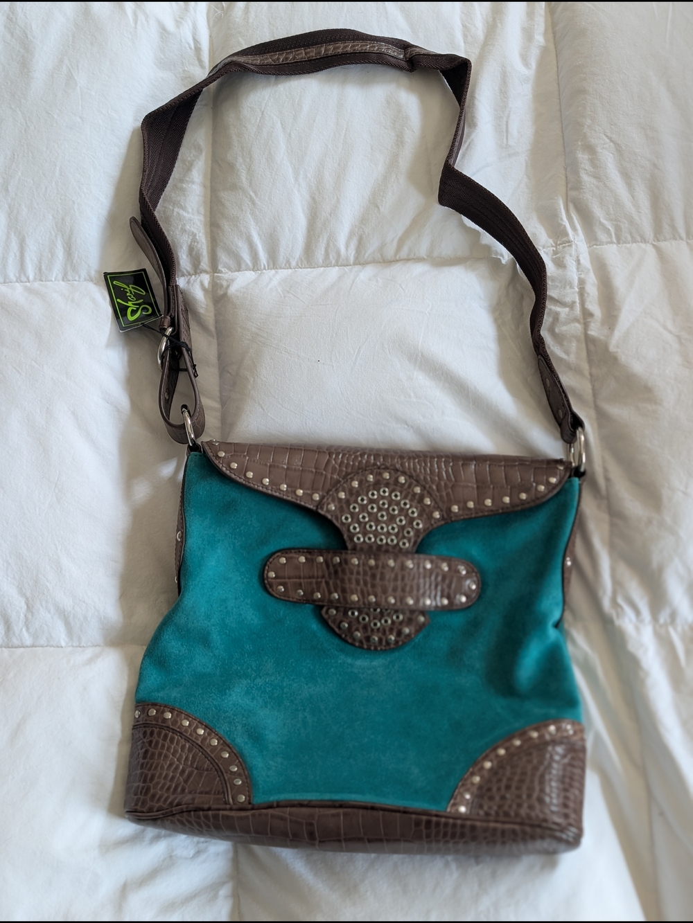 Sharif Teal Suede Crossbody with Brown Leather Trim and Stud Accents